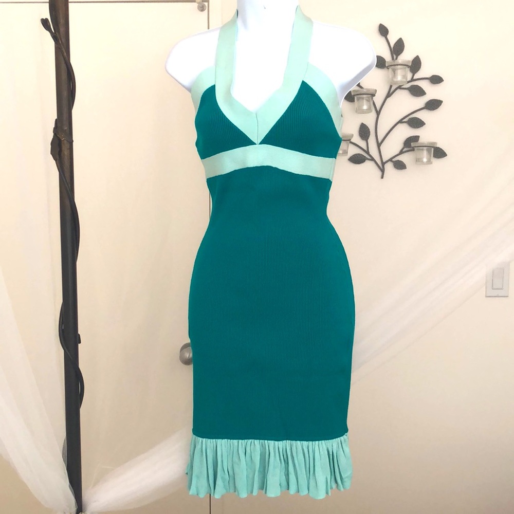 Teal Halter Bodycon Dress with Mint Trim